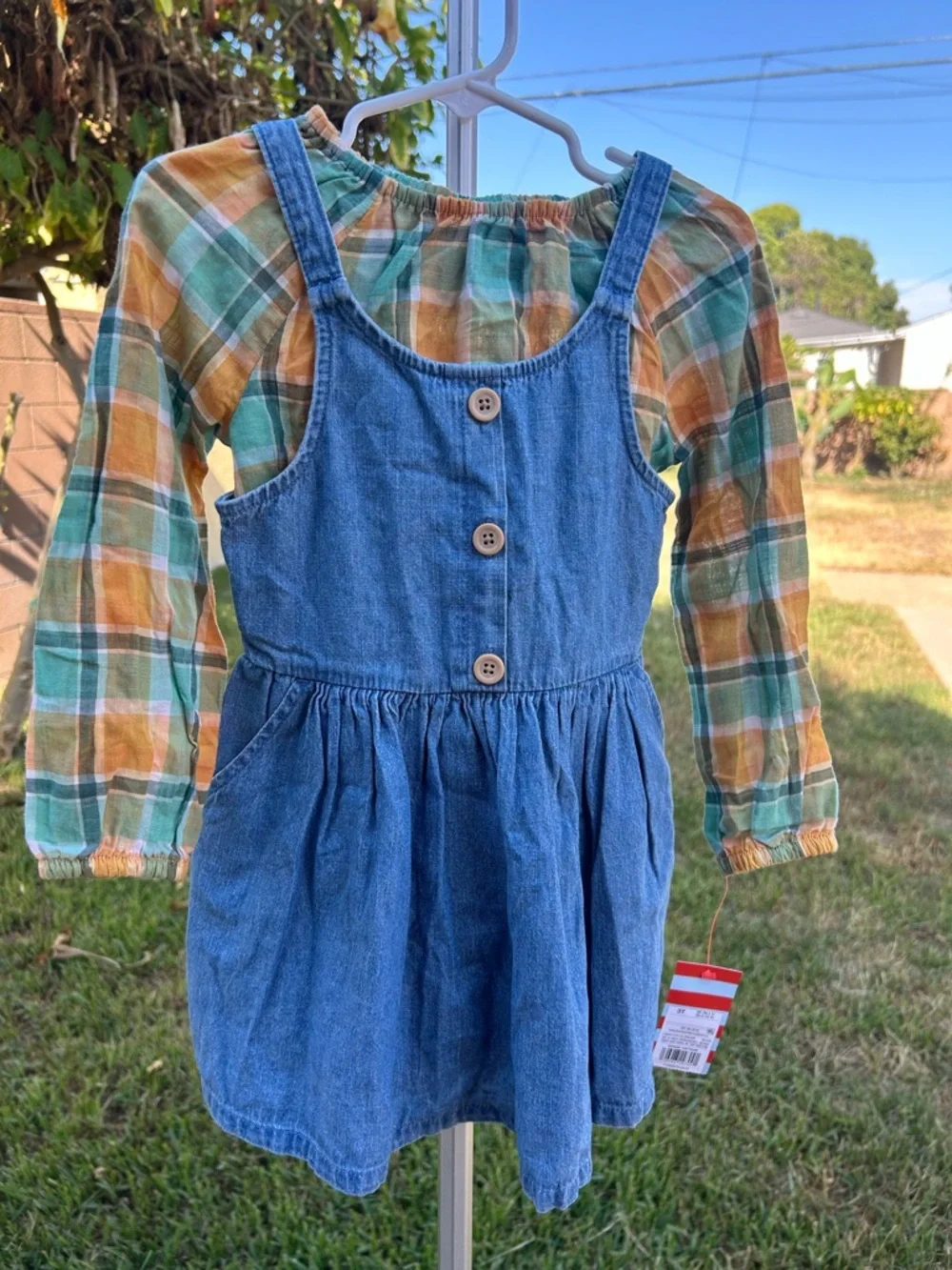 Cat & Jack Blue Denim Pinafore with Green & Orange Plaid Top